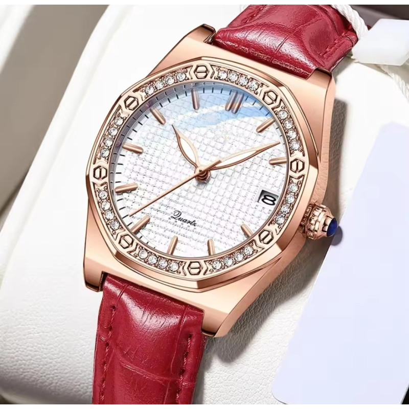 Reloj de Mujer con Correa de Cuero Rojo y Esfera de Madreperla - Diseño Clásico y Elegante Reloj de Mujer con Correa de Cuero Rojo y Esfera de Madreperla - Diseño Clásico y Elegante