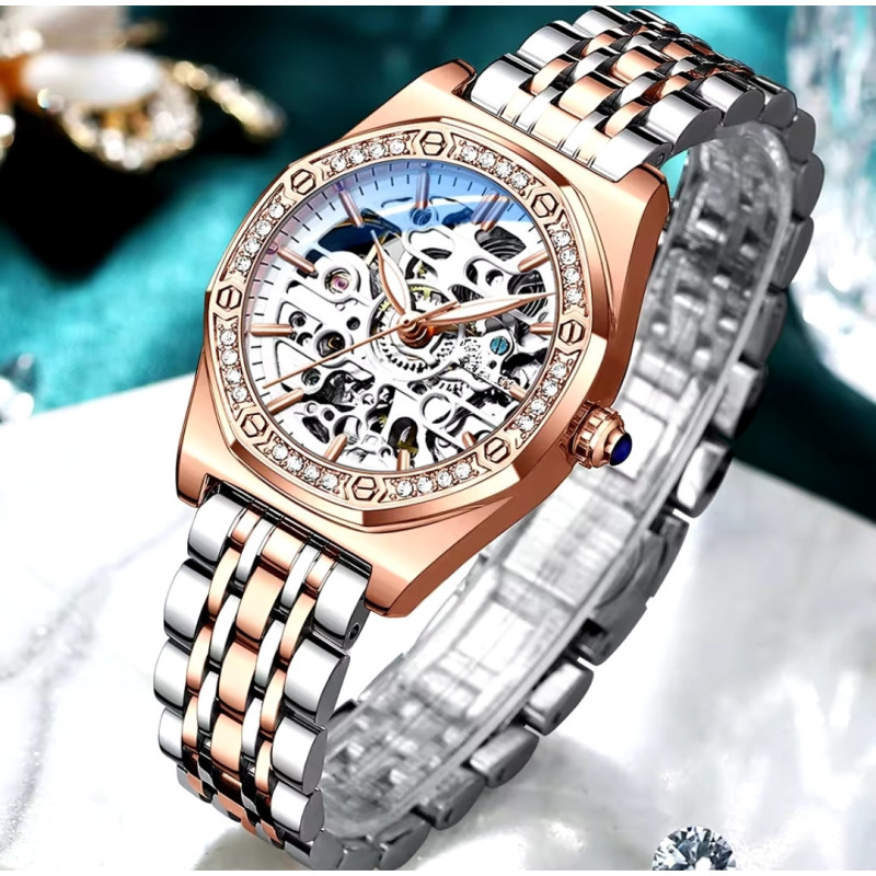 Reloj de mujer mecánico automático con esfera transparente y bisel de cristal Reloj de mujer mecánico automático con esfera transparente y bisel de cristal