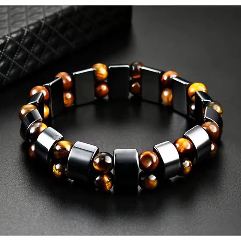 Pulsera Hombre Doble Hematita y Ojo de Tigre Natural - Elegancia y Protección